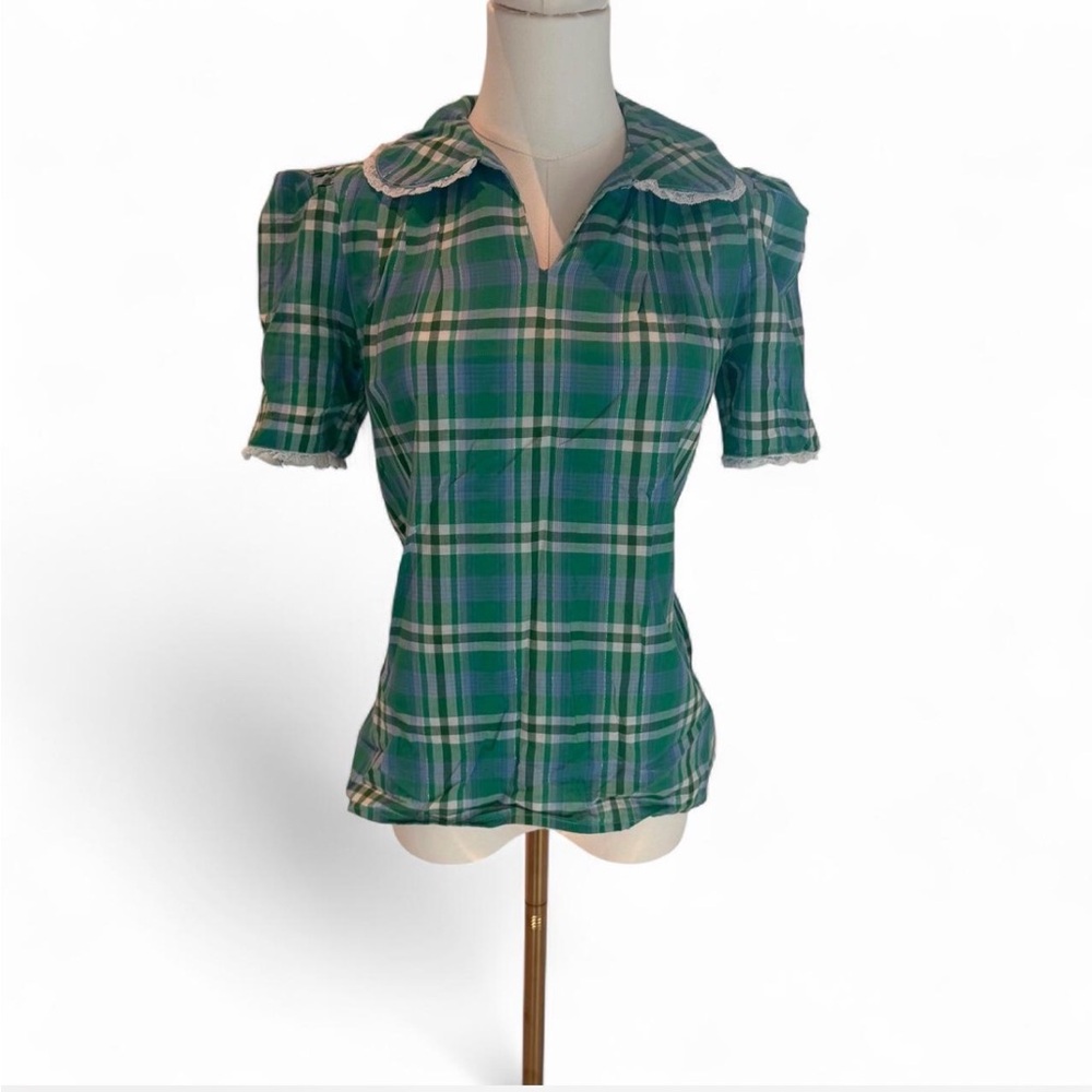 1970s Green Plaid Women's Short Sleeve Top with Lace Collar
